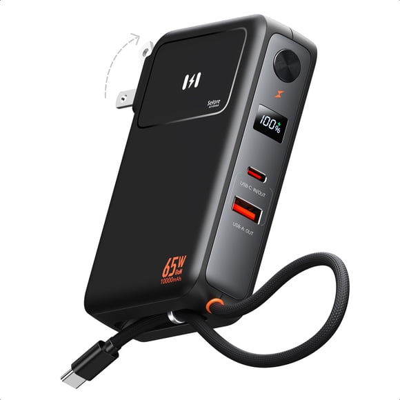 3-in-1 Portable iPhone Charger with 65W AC Wall Plug, 10,000mAh Power Bank with 35W Built-in USB-C Cable, LED Display Battery Pack Fast Charging Compatible with iPhone,