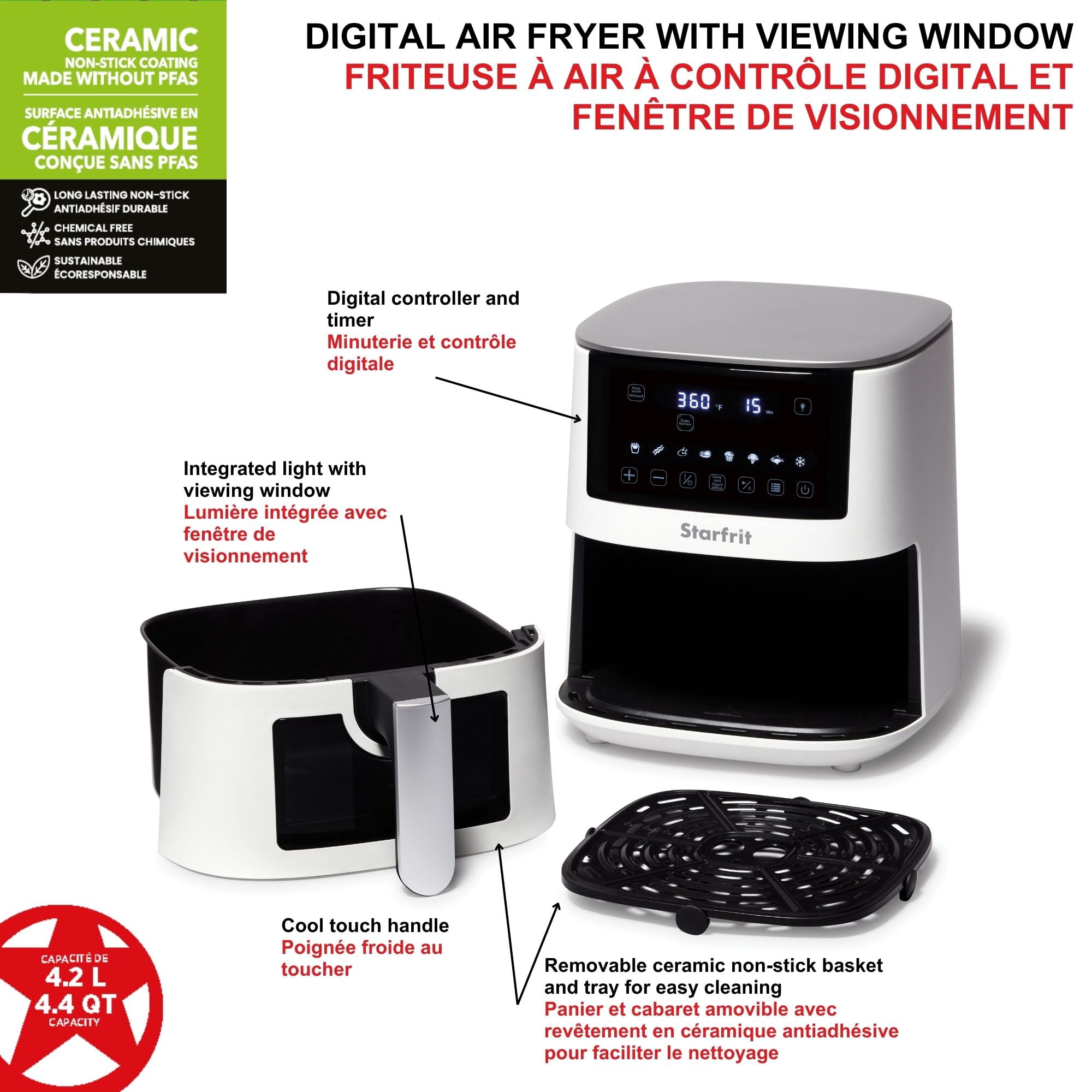 Starfrit Friteuse électrique numérique à air – Capacité de 4,2 L – Surface antiadhésive en céramique – 8 fonctions prédéfinies – Fenêtre de visualisation – 1400 W