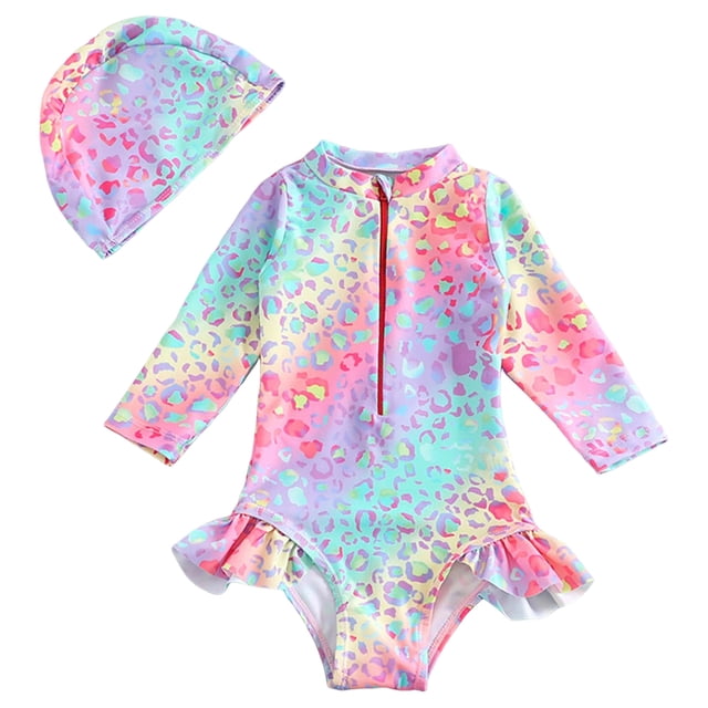 Ketyyh-chn99 Breathable Swimsuit Toddler Girls Rash Guard Swimsuit Long Sleeve Zipper Ruffle Bathing Suit With Hat Size for 5-6 Years,Pink