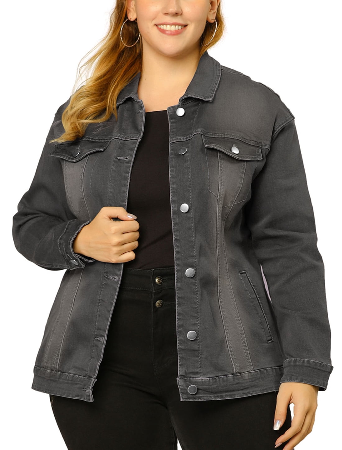 GRACE & GRANDEUR Women's Plus Size Long Sleeve Button Down Regular Fit Jean Denim Jacket Grey 4X