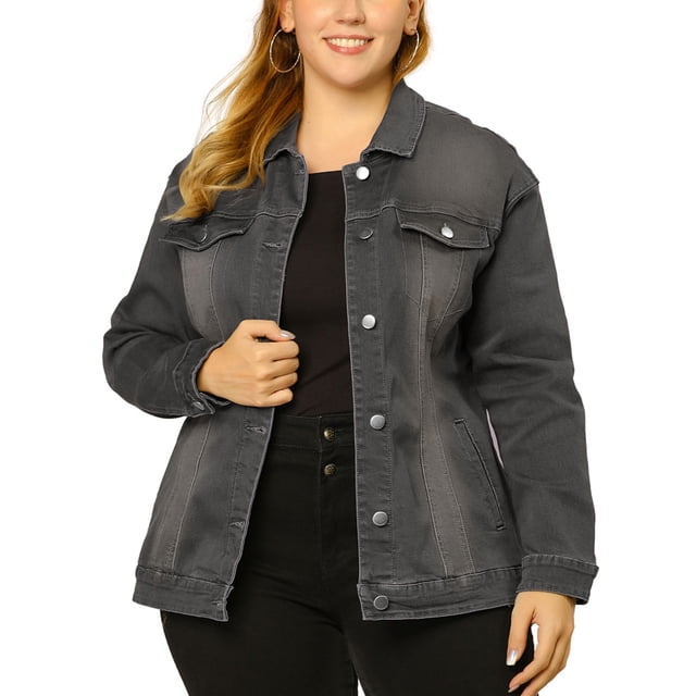 GRACE & GRANDEUR Women's Plus Size Long Sleeve Button Down Regular Fit Jean Denim Jacket Grey 4X