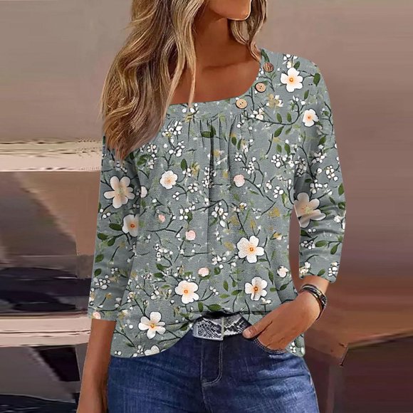 Deals of The Day Clearance Iumwxz Loose Pleated Ornamental Button Tunic Tops Womens Summer Tops Floral Graphic Blouse Square Neck 3/4 Sleeve Tee Tops for Ladies Delightful Street Wear