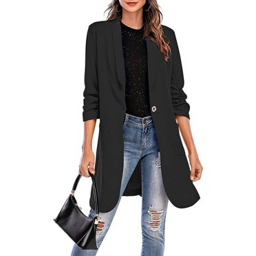 DPTALR Women Button Pockets Three Quarter Sleeve Solid Office Coat Cardigans Suit Jacket Long Outwear