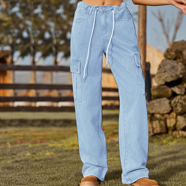 LOVZFMLL Women's Jeans, Fashion Women's Drawstring Pocket Button Mid Waist Tight Pants Light Blue, 2XL