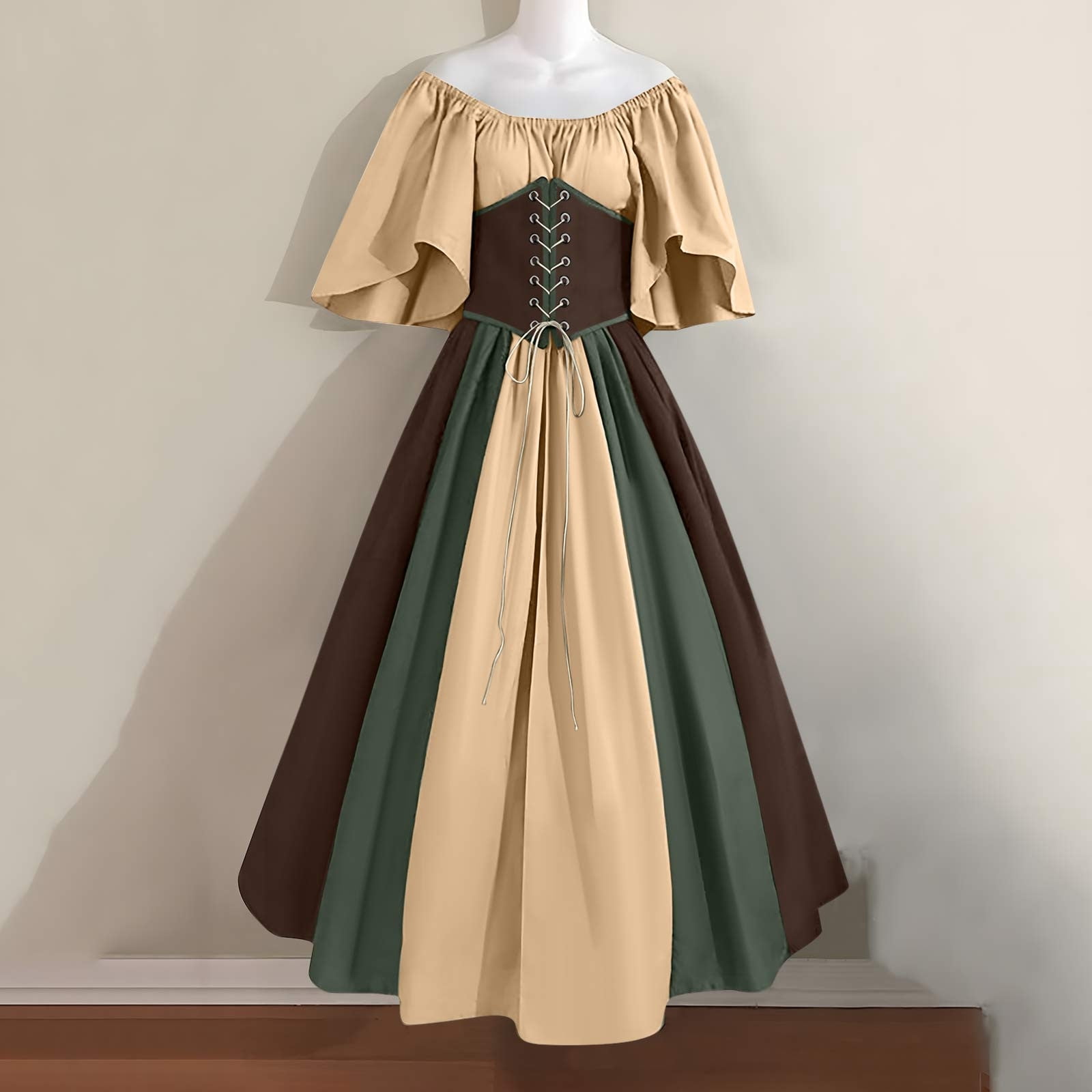 FcBaudy Robe de Cour pour Femme Style Médiéval Rétro Gothique à Contrastes avec Empiècements, Manches Volantées, Taille à Lacets et Grande Jupe, Robe de Soirée à une Épaule pour Bal, Robes pour Femmes