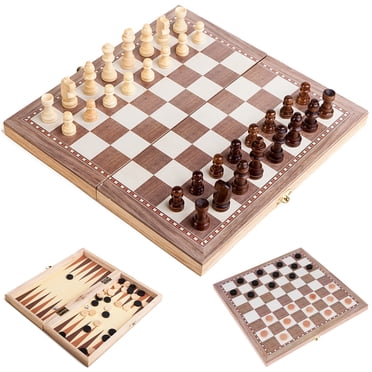 Amdohai Ensemble en Bois Multifonction 3-en-1 Chess Jeu d'Échecs Pliant Jeux de Voyage Chess Dames Tirages et Backgammon Ensemble Divertissement Éducation