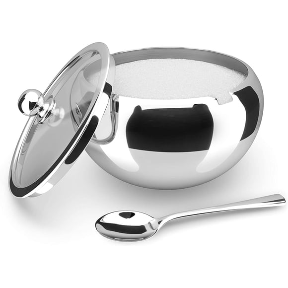 Large Sugar Bowl, Stainless Steel With Glass Lid, Includes Stainless Steel Spoon, Holds 2 cups of Sugar, 16.9oz