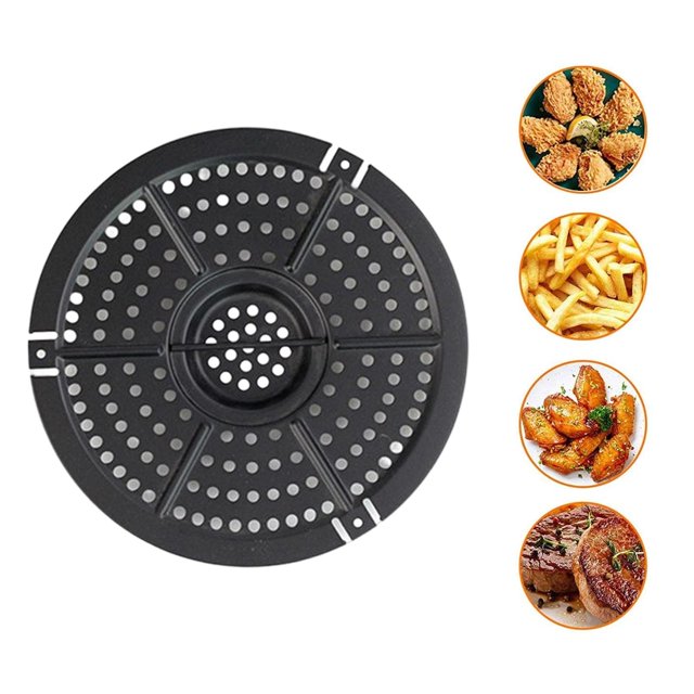 Poêle-gril de Rechange pour Friteuse à Air Chaud en Alliage d'Aluminium Perforé pour une Circulation d'Air Optimale et une Répartition Uniforme de la Chaleur. Conçue pour Être Utilisée comme Accessoire de Cuisine, Elle Présente une surface Antiadhésive pour un Nettoyage Facile et Comprend une Brosse pour l'Entretien. Idéale pour Cuire des Pommes de Terre Frites, pizza, Poulet, steak et Légumes. design Circulaire avec des sections Ajourées Visibles au Centre et aux Bords.