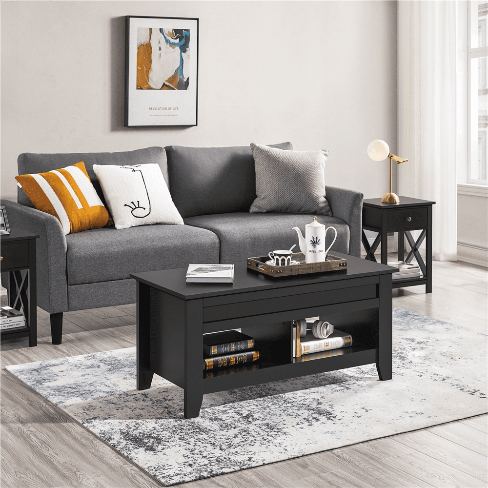 FullFurnique 41" Lift Top Coffee Table with Hidden Compartment & 2 Open Shelves