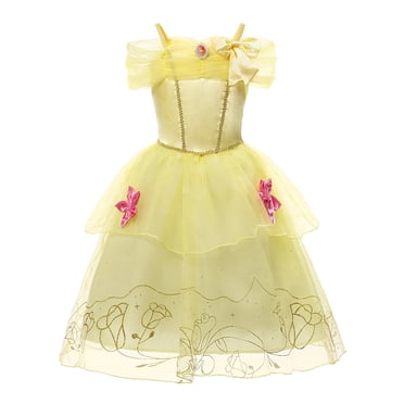 HAWEE Robe de Princesse Belle, Costume Superposé à Épaules Dénudées Beauté et Bête pour Petite Fille