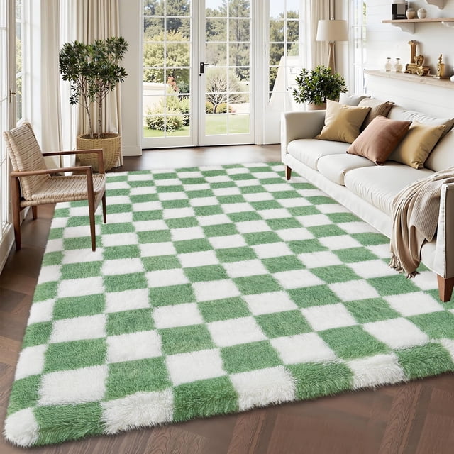 Garvee 9'x12' Fluffy Area Rugs Soft Luxury Shag Carpet, Modern Checkered Shaggy Rugs Christmas Rug with Non Slip Backing for Living Room Bedroom Home Decor, Green