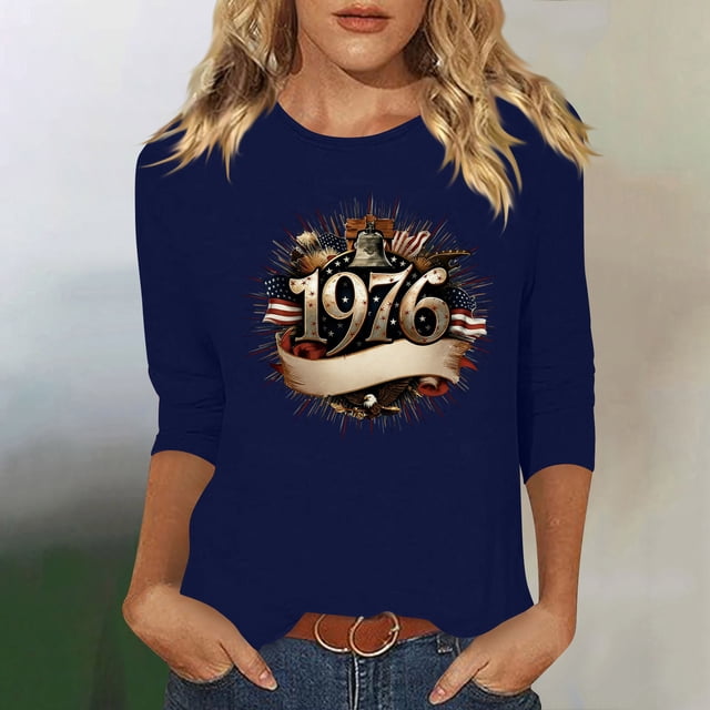 Uootdi Hauts pour Femmes Manches 3/4 Col Ras du Cou Imprimé Palmier Coucher de Soleil 1976 Coupe Décontractée T-Shirts Rétro Plage Vacances Cadeau