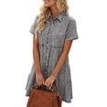 thumbnail image 1 of Wangsaura Robe en Denim d'Été pour Femmes, Col à Revers à Manches Courtes avec Boutons, Décontractée, 1 of 6