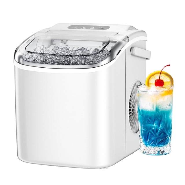Simzlife 26 lbs/24H Countertop Ice Maker Machine in a sleek white design, featuring one-button operation and a transparent lid showing bullet-shaped ice cubes. This compact ice maker produces 9 ice cubes in just 6 minutes and includes a removable ice basket and auto-cleaning function. A colourful drink with ice is placed beside the machine, highlighting its use for beverages.