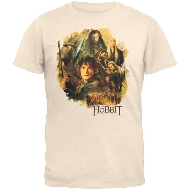 The Hobbit The Hobbit - T-Shirt Collage Jeunesse beige, Fait de 100 % Coton, Présentant un Collage vibrant de Personnages la Désolation de Smaug. le design Comprend Bilbo Brandissant Sa Lame, avec Legolas et Gandalf Prêts pour l'Action, sur un Fond Inspiré de la Terre du Milieu. Marchandise sous Licence Officielle, Idéale pour les fans de Tolkien.