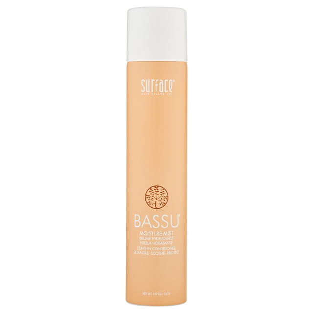 Surface Bassu Moisture Mist 5.07 Oz centered front-facing spray bottle, translucent cylinder with visible liquid and white label showing Surface Bassu Moisture Mist 5.07 oz, slim silhouette with spray nozzle; for dry hair, a hydration spray suitable for refreshing hair between washes.