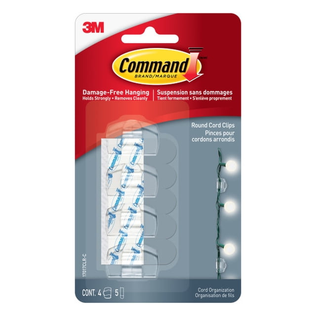 Command Clear Round Cord Clips with 4 clear plastic clips and 5 adhesive strips in 3M packaging, designed for damage-free hanging and cord organization in decorative hardware, shown holding a green string of lights.