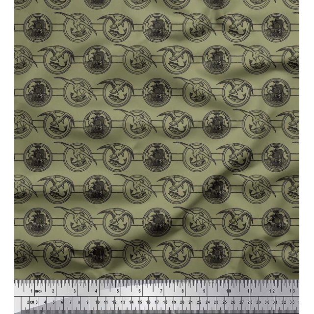 Soimoi Polyester Crepe Fabric Bird,Fish & Ship Ocean Print Fabric by Yard 52 Inch Wide