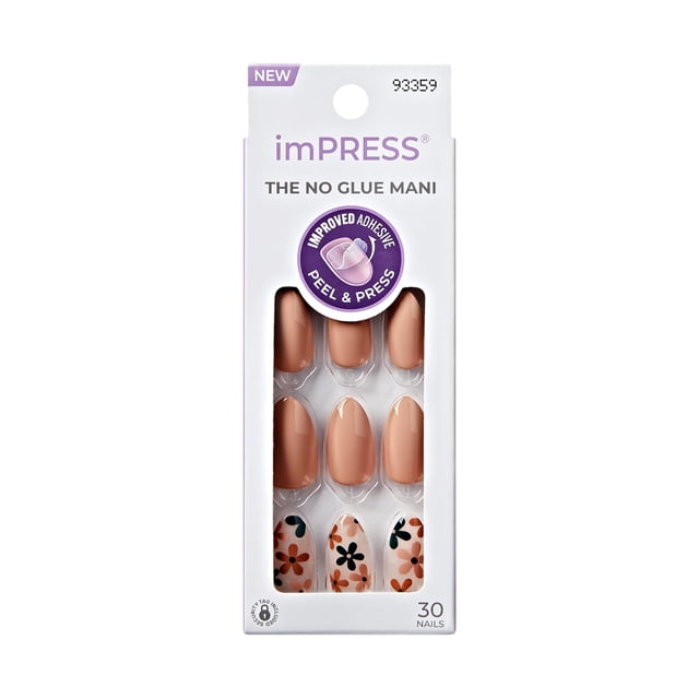 KISS imPRESS Nails -As It Was, Beige, Almond, Medium, 30 Ct featuring 30 medium almond-shaped beige press-on nails with glossy finish and floral accent designs, using improved adhesive for peel and press application lasting up to 7 days, suitable for easy DIY manicures.
