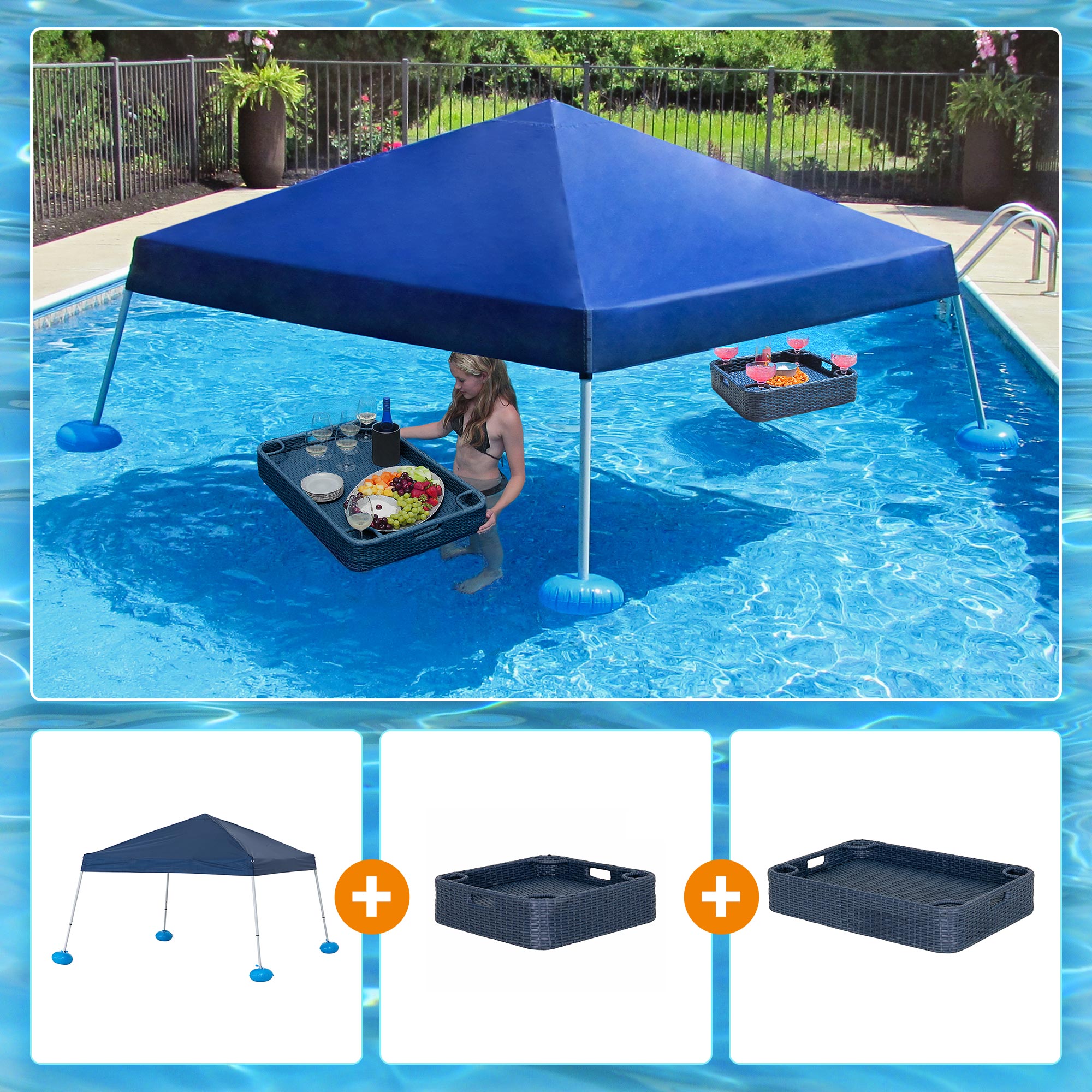 Sunjoy Floating Pool Canopy with Add-on 36x24 in. Wicker Tray,Gray