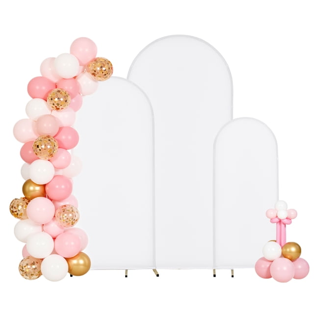 VEVOR Arch Backdrop Stand set of 3 in gold metal with semi-circular tops, featuring dimensions of 6 ft, 5 ft, and 4 ft. Includes white fabric panels and decorative balloons in pink, white, and gold. Suitable as a photography backdrop for weddings, parties, and celebrations.