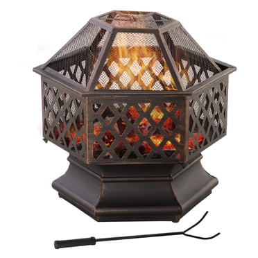 Outsunny Outdoor Fire Pit with Mesh Lid, Wood Burning Firebowl, Bronze