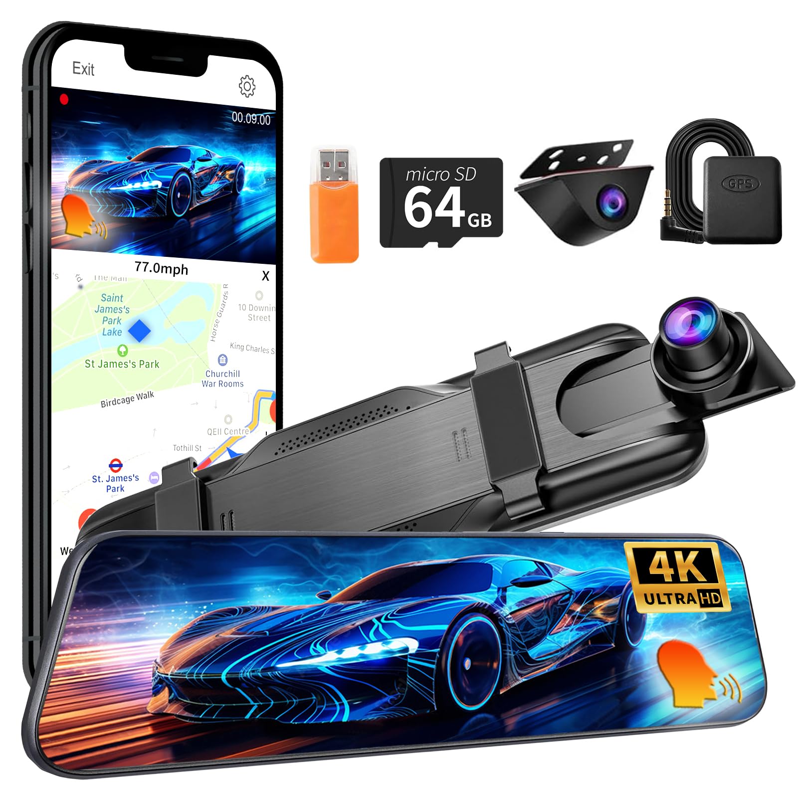 Mirror Dual Dash Camera,4K and 1080P Dash Cam with Voice Control Rear View Mirror Camera and WiFi,GPS Dashcam for Cars with WDR Night Vision, G-Senso