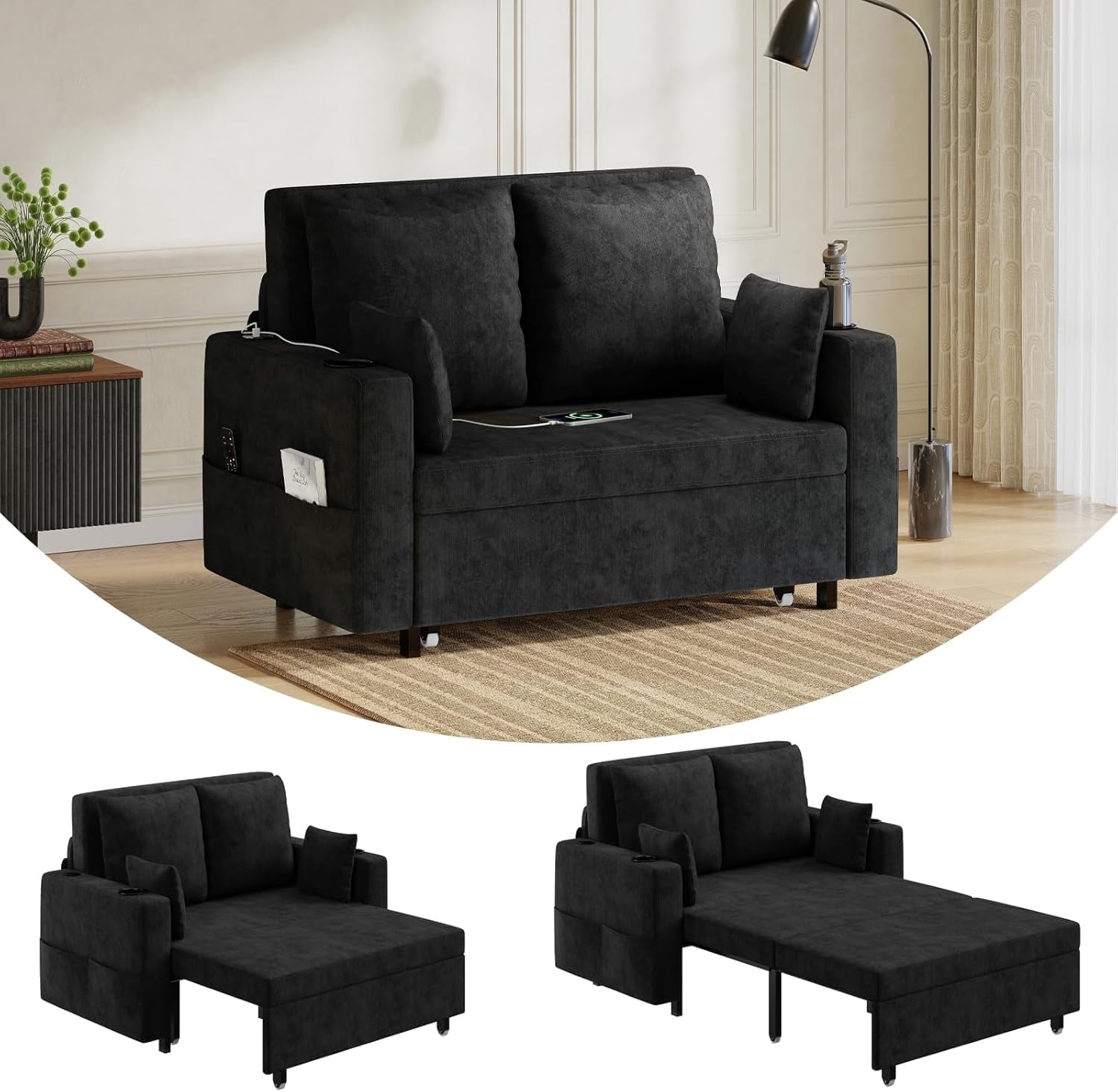 3 in 1 Convertible Sofa Bed,56 Inch Pull Out Couch,Loveseat Sleeper Sofa Bed with 4 Pillows,USB Charging, Cup Holder,Side Pockets for Living Room, Bedroom,Black