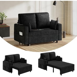 3 in 1 Convertible Sofa Bed,56 Inch Pull Out Couch,Loveseat Sleeper Sofa Bed with 4 Pillows,USB Charging, Cup Holder,Side Pockets for Living Room, Bedroom,Black