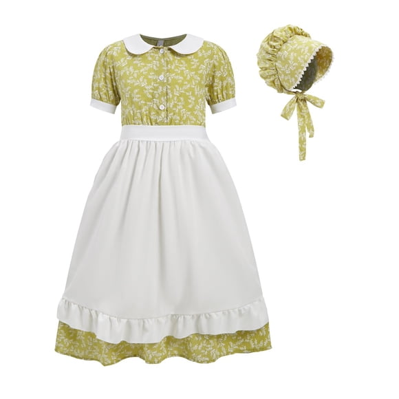 FhsagQ Dress for Girls Girl's Garden Style Floral Dress Dress with Apron Hat Suit Long Skirt Black Easter Dresses for Girls 14-16 Girls' Dresses Size 10-12 for Graduation Black Green 9-10 Years