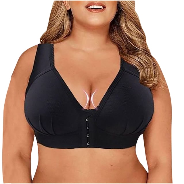 RKSTN Bras for Women Front Closure Plus Size Full Coverage Bra Solid Color V Neck Underwire One-Piece Everyday Underwear