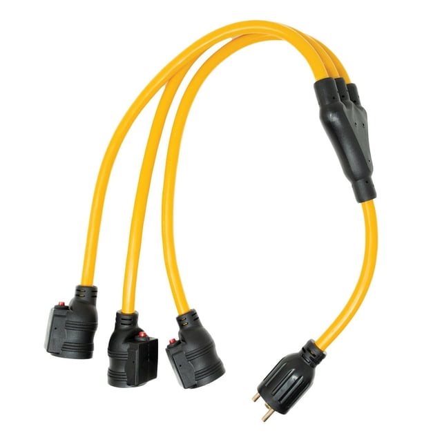 FIRMAN Cordon d'Alimentation Court Robuste de 3 Pieds TT-30P vers (3) 5-20R avec Trois Câbles Isolés Jaunes et Connecteurs Noirs, avec une Fiche TT-30P Divisée en Trois Prises Domestiques 5-20R avec Séparateurs Individuels pour une Rallonge d'Alimentation Intérieure Sécuritaire.