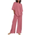 thumbnail image 1 of Pisexur Ensemble 2 Pcs pour Femme en Coton et Lin pour Femmes, Chandail à Manches Courtes avec Cordon, Pantalon Long, Survêtement, Ensemble Jogger, Pantalon Uni, Tenue Décontractée Deux Pièces, 1 of 5