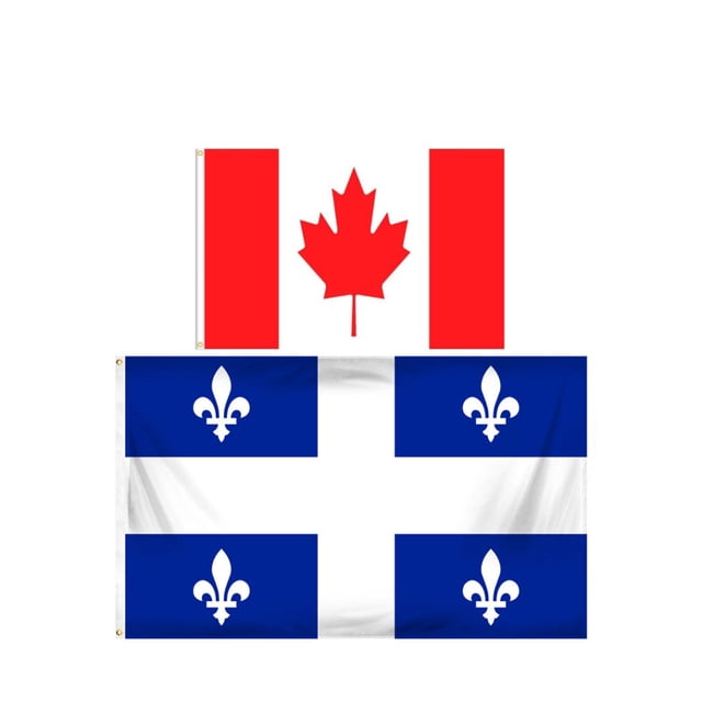 Canada & Quebec Flag Set (2-Pack) featuring a Canadian flag with a red maple leaf design and a Quebec flag with blue and white fleur-de-lis patterns. Both flags measure 3 by 5 feet and are made of 100% polyester with reinforced stitching, extra-strength polyester thread, and two metal grommets for easy outdoor display. Designed for durability against sun and chemical exposure.