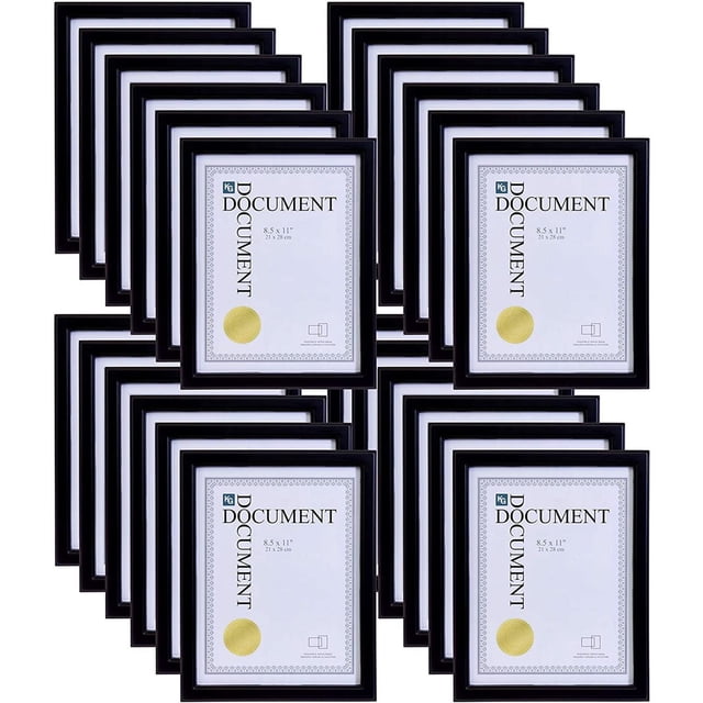 Kiera Grace Caspian Document Frame, 24-Pack featuring multiple black traditional profile frames with a rich black finish, sized for 8.5 x 11 inch documents, arranged in a grid on a white background. Suitable for displaying certificates or awards vertically or horizontally.