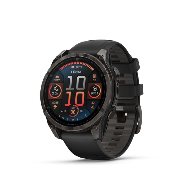 Garmin fēnix® 8 AMOLED Display Sapphire Lens GPS Smartwatch with 47-mm carbon grey DLC titanium bezel and black/pebble grey silicone band, showing a multisport GPS fitness dashboard on its bright 1.4-inch AMOLED screen with step count, heart rate, VO2 max, and activity tracking, angled front view on white background, ideal for outdoor athletes and fitness enthusiasts.
