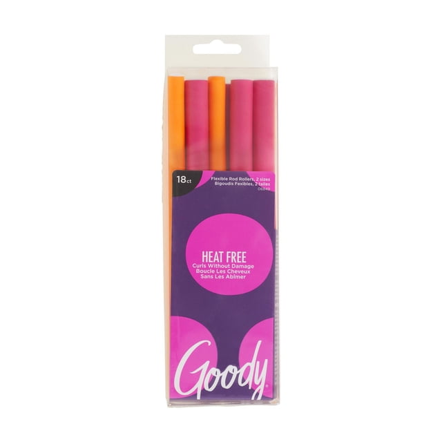 Goody Rollers Flexi Rod for Shorter Hair 18 Ct with 18 flexible rod rollers in orange and pink, two sizes, packaged in clear plastic, designed for heat-free curls without hair damage, suitable for styling short hair with gentle, long-lasting curls or waves.