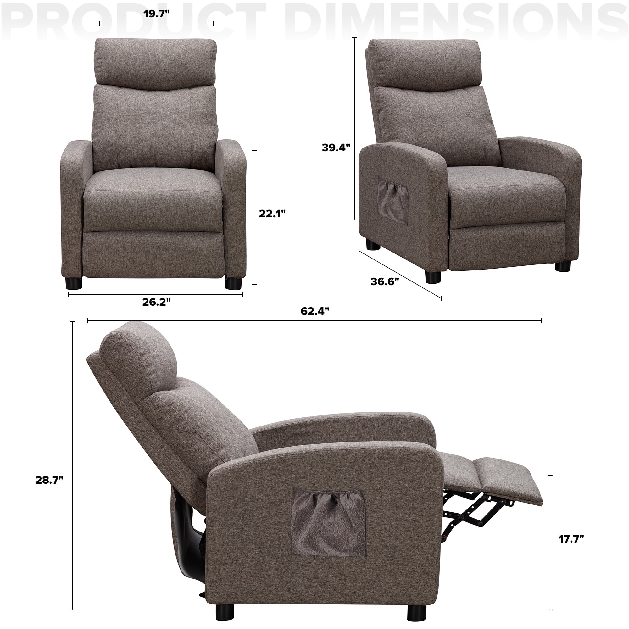 Fauteuil inclinable de massage Comhoma en tissu avec repose-pieds, gris, à inclinaison par poussée arrière