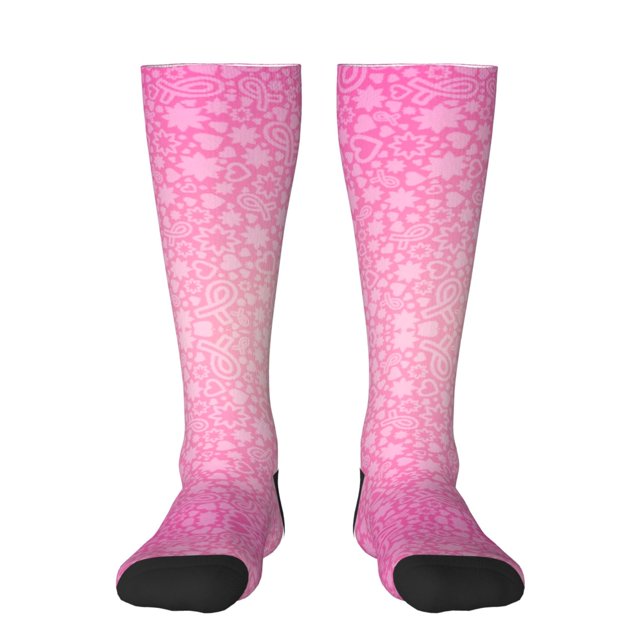 Wukai Breast Cancer Pink Ribbons Awareness for Contrast Color Stockings, Sports Fitness Adult Long Socks, Unisex