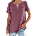 thumbnail image 3 of MAWCLOS Dames T-Shirt Couleur Unie Tops V Cou Tee Confortable Rue Manches Courtes Blouse Claret XXL, 3 of 7