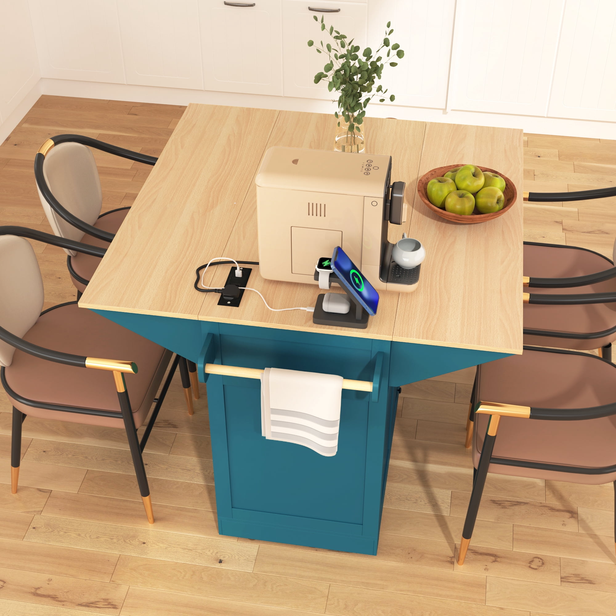 Noble House 55.7" Kitchen Island with 2 Drop Leaf, for 4-6 Seating,Green