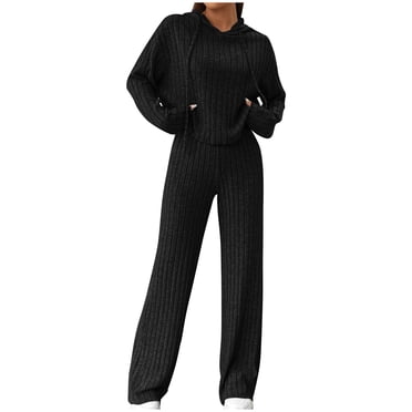 Besolor Ensembles de Chandail 2 Pcs en Tricot Doux pour Femmes Chandails à Capuchon à Manches Longues Chandails Molletonnés Pantalons Longs Amples Vêtements de Détente Survêtements