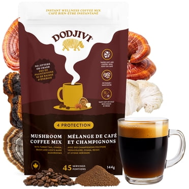 Dodjivi Mélange de Café aux Champignons Superalimentaire - Crinière de Lion Biologique, Chaga, Reishi, Queue de Dinde et Reishi - Immunité - Énergie - Concentration (45 Portions)