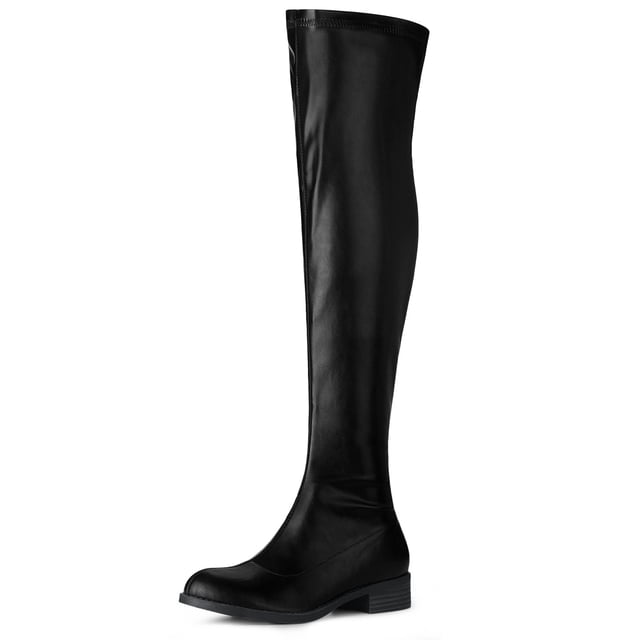Unique Bargains Bottes pour Femmes à Bout Rond à Talons Blocs au-Dessus du Genou en Similicuir Noir au design Épuré. Comporte un Bout Rond, un Talon Bloc de 1 3/8 Pouce et une Fermeture Éclair Latérale pour un Enfilage Facile. la Hauteur de la Tige Est de 20 7/8 Pouce, Ce Qui les Rend Idéales à Agencer avec des Jupes mini, des jeans Ou des leggings Moulants.