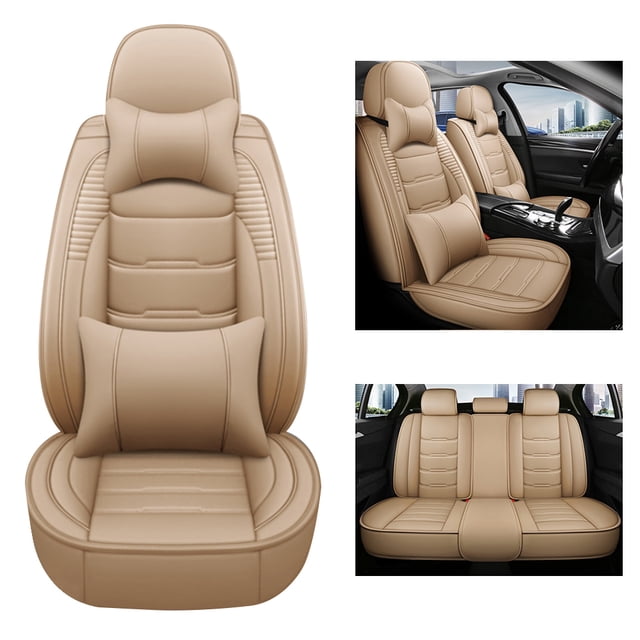 Maidao Car Seat Covers Leather Full Set for SEAT for Arona 2017-Present 5 Seats Front Rear Cushion Protector with Headrest Beige
