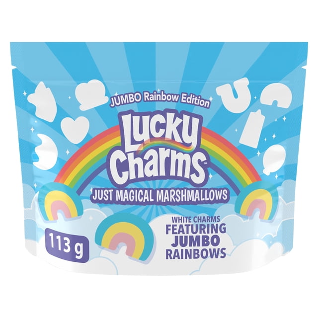 Lucky Charms Magical Marshmallows Pouch: Rainbow Edition containing jumbo rainbow-shaped marshmallows in a multicolour resealable pouch with a blue sky and rainbow design, weighing 113 g, ideal for candy and snack enjoyment.