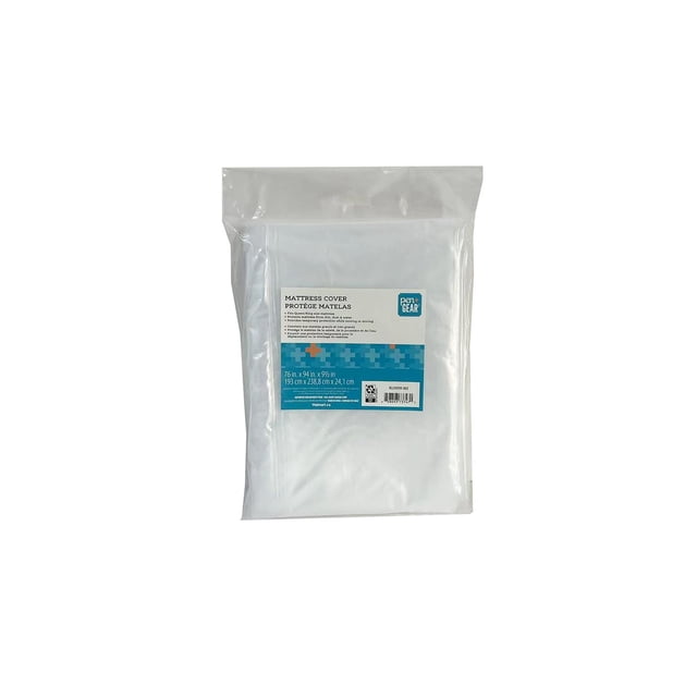 Pen+Gear Mattress Cover in clear plastic packaging sized 76 x 94 x 9.5 inches, serving as a mattress protector against dirt, dust, water, and mildew, suitable for temporary use during moving or storage, with a blue and white label detailing product features.