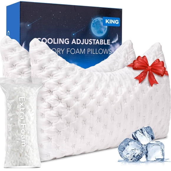 Cooling Side Sleeper Pillow for Neck and Shoulder, Luxury Shredded Memory Foam Curved Bed Pillows for Sleeping Set of 2- Adjustable King Size- Washab