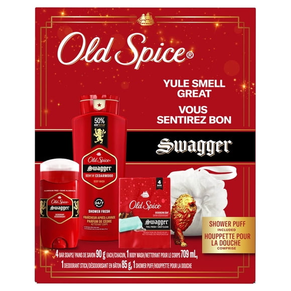 Ensemble-cadeau Old Spice Swagger Vous sentirez bon avec un nettoyant pour le corps de 709mL, des pains de savon, 4 unités de 90g, un désodorisant de 85g et une houppette pour le lavage