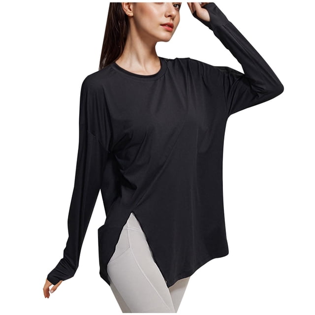 Hvobtty Chemise Décontractée à Manches Longues à Col Rond pour Femmes, Haut à Col Rond de Yoga à Manches Longues à Fente Ouverte pour Femmes, Sport et Mise en Forme